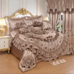 Wedding Set - Pink and White Bedding with Floral Design and Ruffled Edges