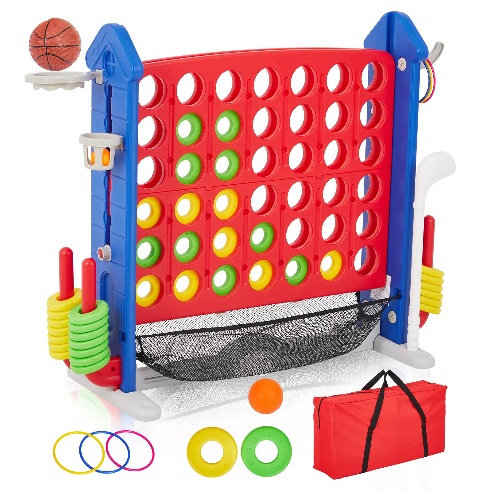 Jumbo 4-in-1 Play Mix Floor Multi-Game Set - 2.6ft to 3.2ft 3-Level Height Adjust, Mini Basketball, Golf, Ring Toss Bonus, Slider, Carry Bag - HDPE Plastic All-Ages Group Play Home Party Supply