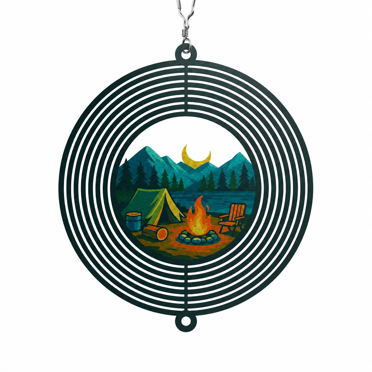CraftNameSign Camping Metal Wind Spinner, Campfire Mountain Hanging Home Decor for Outdoor Garden, Nature Cabin Ornament, Adventure Lover Gift