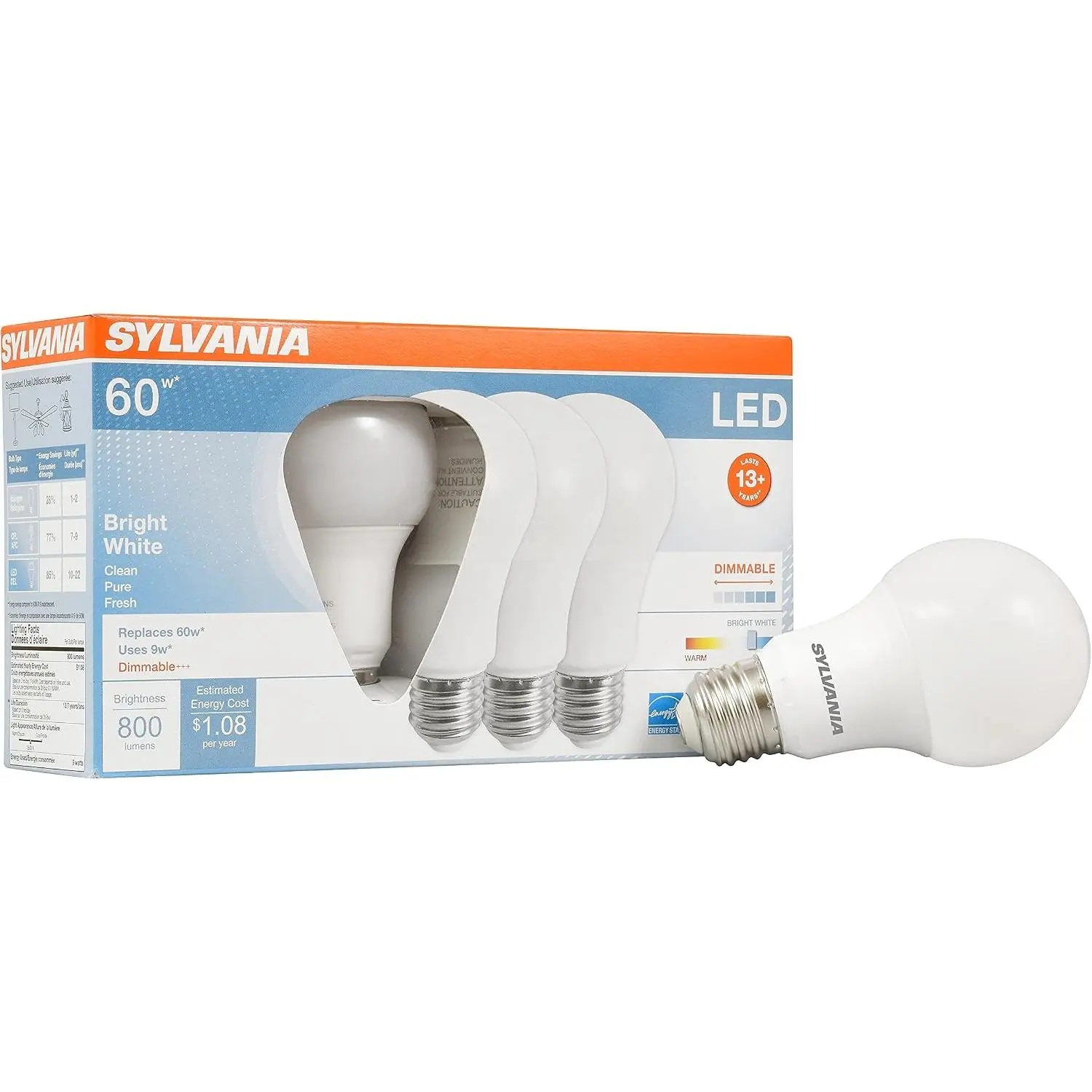 Sylvania Ultra LED Light Bulb, 60W Equivalent A19, Efficient 9W, Medium Base, Dimmable, Frosted Finish, 800 Lumens, Bright White - 4 Pack (78038)