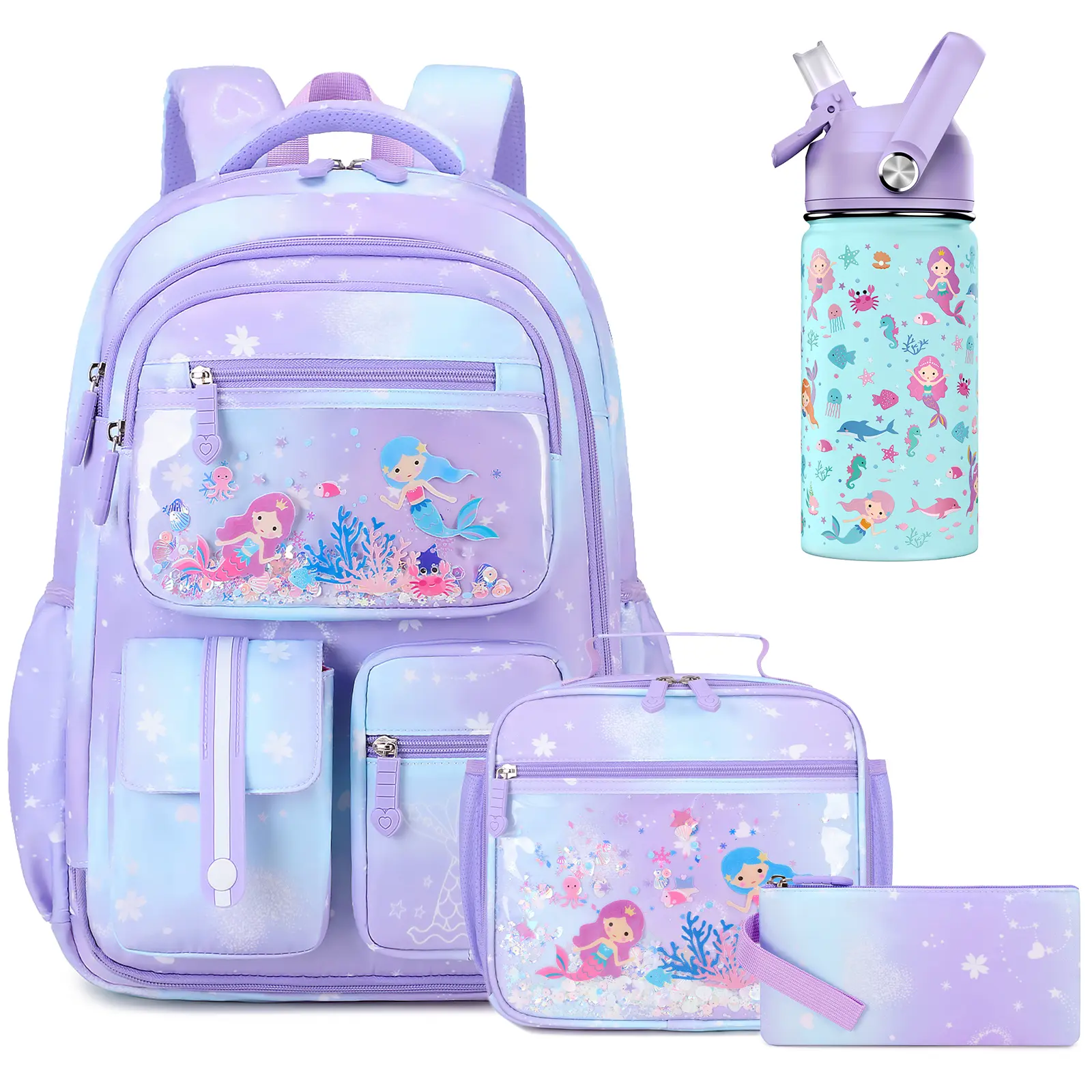 Similove 4/5PCS Mermaids Backpack for School,Waterproof Bookbag Set with Lunch Box & Pencil Case & Earphones & Water Bottle,School bag for Elementary Middle School,Back to School Gift,Birthday's Gift