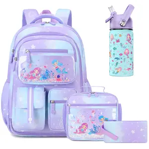 Similove 3/4/5PCS Mermaids Backpack for School,Waterproof Bookbag Set with Lunch Box & Pencil Case & Earphones & Water Bottle,School bag for Elementary Middle School,Back to School Gift,Birthday's Gift