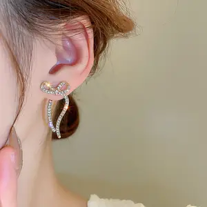Women's fashionable bow-shaped diamond earrings, personalized back-hanging style with two wearing methods, gold hypoallergenic earrings