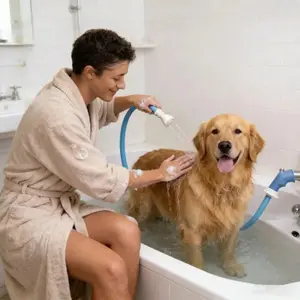 No Install Pet Bath Faucet Sprayer with 5FT Flexible Hose, Tub Spout Shower Attachment, Multi-Purpose Bathroom Water Sprayer for Dog Cat Grooming, Hair Washing & Tub Cleaning