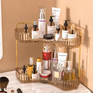 2-Tier Corner Bathroom Organizer with Perfume Tray – Space Saving Vanity Storage Rack for Makeup, Skincare & Countertop (Amber)
