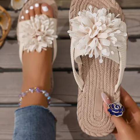 Women's Fashionable Flower Decorated Slides, Footwear for Beach, Casual Comfortable Flat Sole Sandals for Beach, Floral Embroidered Sandals, Non-slip Slippers for Indoor & Outdoor Wear, Walking Shoes