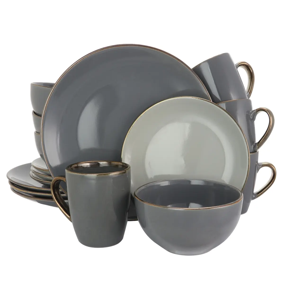 212 MAIN 16-Piece Tahitian Grand Luxurious Stoneware Dinnerware Set - 4-Person Complete Setting with Dinner Plates, Bowls, 12oz Glossy Mugs, Stone & Slate Design, Microwave-Safe, Dishwasher-Safe for Daily Use, Dinnerware Sets