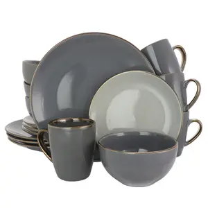 Elama EL-TAHITIANGRAND 16 Piece Tahitian Grand Luxurious Stoneware Dinnerware Set with Complete Setting for 4 - Stone & Slate