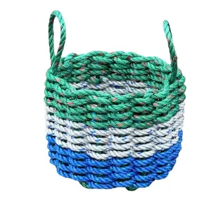 Lolli’s Loops Deep Harbor Drift-B Basket - Handwoven Lobster Rope Basket in Green, Grey, Blue with Wave-Inspired Design, 10x8, 14x8, 12x12 Sizes Available Organiser