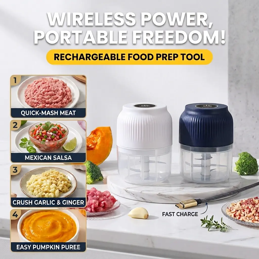 Electric Garlic Chopper - Mini Rechargeable Food Processor, Cordless Vegetable Chopper, Onion Mincer & Meat Grinder Kitchen Gadget, Portable Cooking Tool Gift for Home Kitchen Meal Prep