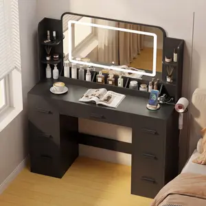 FURMAX Vanity Desk with Mirror with LED Light Strip, Makeup Vanity with 2 AC Outlets and1 USB＆1 Type-C Port, 3 Modes Adjustable Lighting Mirror, Modern Ample Storage Drawers Dressing Table