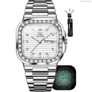 Fashion Brand OLEVS Mens Tank Watch Minimalist Diamond Watch Fashion Dress Analog Quartz Mens Watches Rectangular Waterproof Stainless Steel Luminous with Date Watches for Men(Silver/Rose Gold)