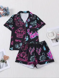 2 pieces of women's red and blue fluorescent printed short sleeved shorts and pajamas set, knitted top with pockets and elastic waistband, suitable for comfortable and casual classic home wear in all seasons