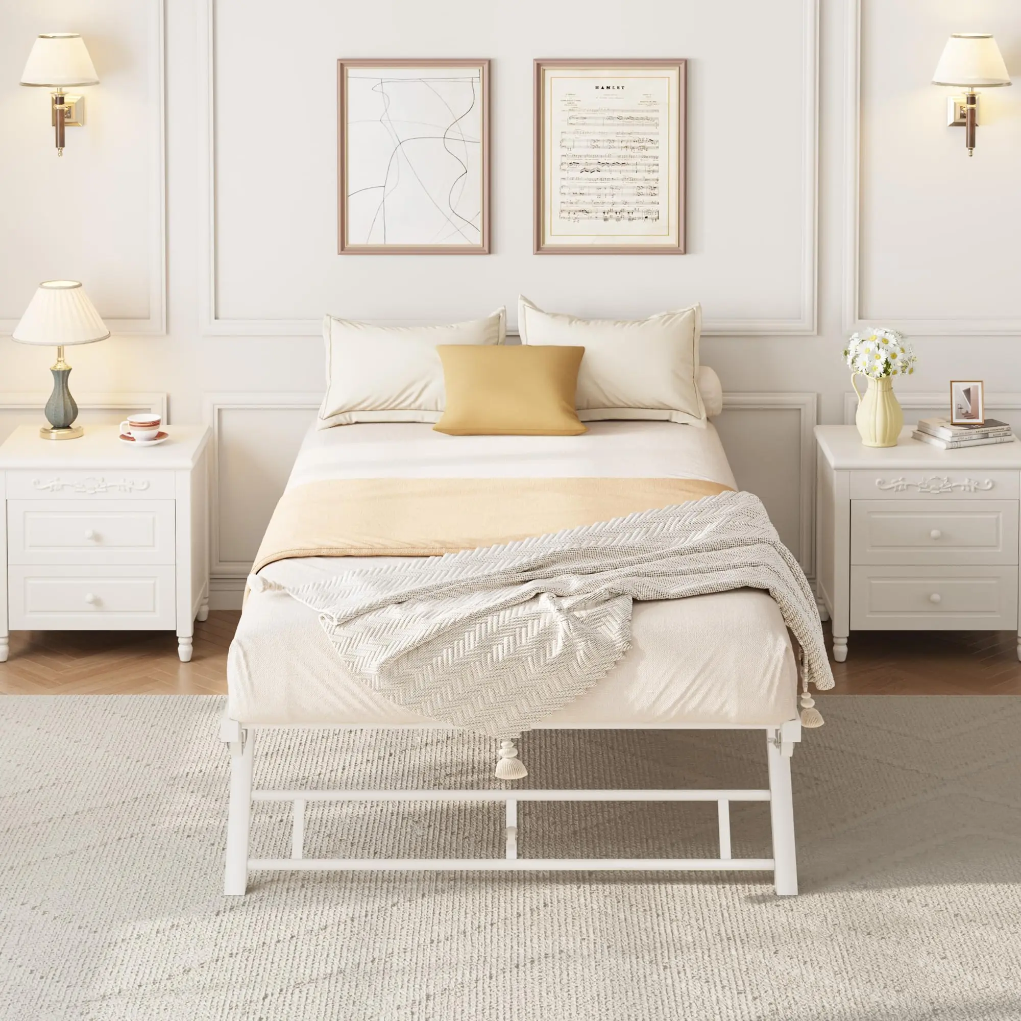 Sturdy Single Twin-Size Pull-Out Day Bed Frame with Stand-Up Trundle, Storage Bed, 400 lbs Capacity, Metal Slats Support, Lockable Casters, 73.6" L x 38.9" W x 12.6" H, Assembly Required, White, Pull Out Bed