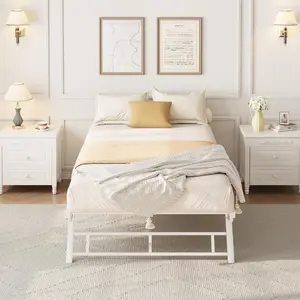 Twin Size Stand-Up Pop-Up Trundle Day Bed Frame for 2 People, Metal Slats Support, Lockable Caster, White