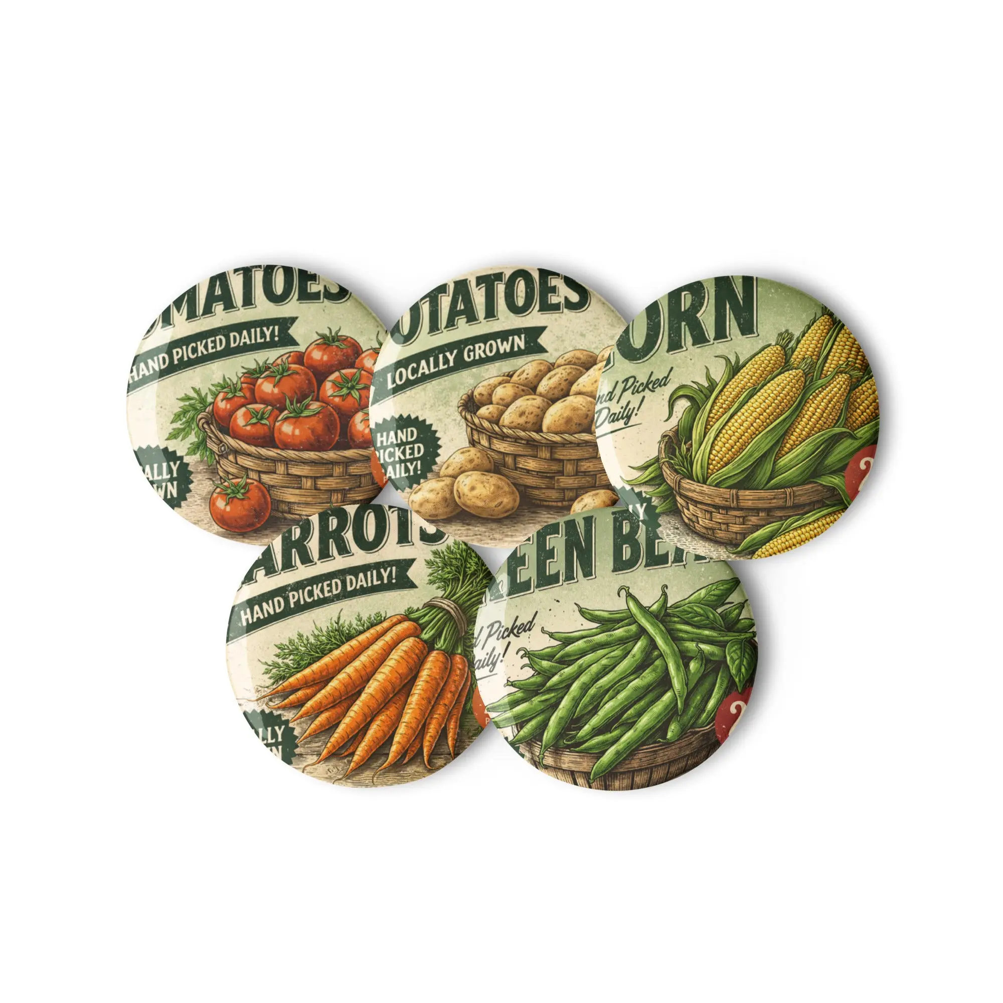 Vintage Farm Stand Produce Button Set – Veggie Pins
