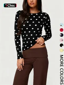 Women's Polka Dot Print Long Sleeve Slim Fit Short Top, Vintage Bodycon, Perfect for Dates and Shopping, Stylish Casual Wear