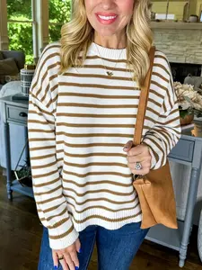 Women's Soft Color Block Striped Pullover, Drop Shoulder Round Neck Fitted Sweater, Cozy Knitwear for Office & School, Winter Basic Layering, Womenswear