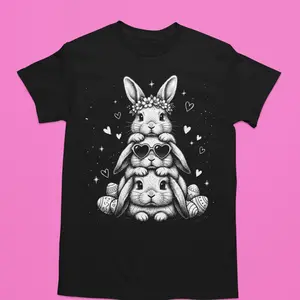 Cute Stacking Bunnies Easter Design Tshirt with Adorable Bunny Stack and Heart Accents for Festive Wear