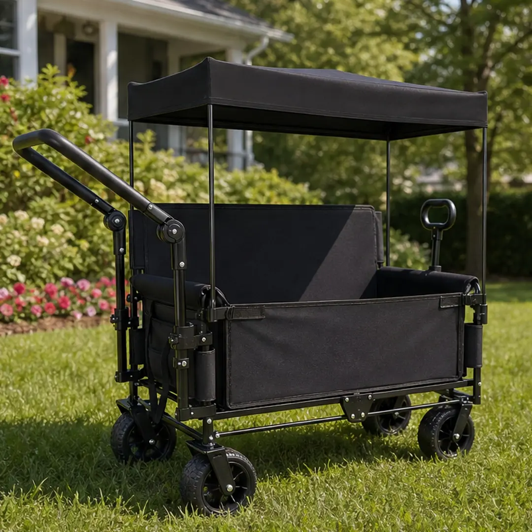 Heavy-Duty Folding Wagon Cart with Convertible Bench Seat & Canopy, All-Terrain Wheels, Collapsible Steel Frame & Oxford Fabric Utility Cart for Beach Trips, 500 lb Capacity, Folding Cart With Wheels
