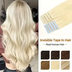 Hot Fashionable 20pcs Tape-In Human Hair Extensions for Women - European Remy Hair, Invisible No-Sew Tape-On Straight Blonde/Brown/Black/Red Highlights, Natural Looking Clip-In Extensions with Light Beige Base, Safe & Easy Application (Real Human Hair