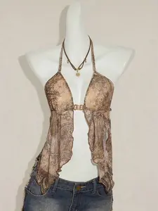 ICON Vintage Leopard Print Backless Halter Neck Camisole With Slit Hem Cheetah Print