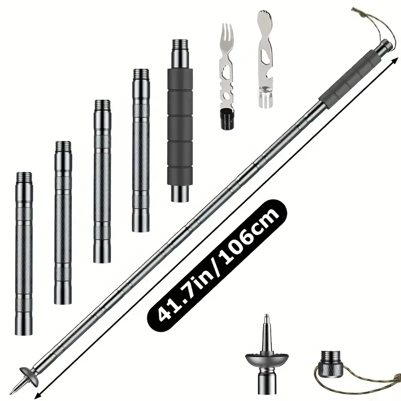 Foldable Alloy Trekking Pole with Integrated Fork Spoon - Lightweight, Adjustable & Telescoping Camping Equipment for Outdoors Hiking, Collapsible Alloy Stick, Retractable Folding, Outdoor Camping