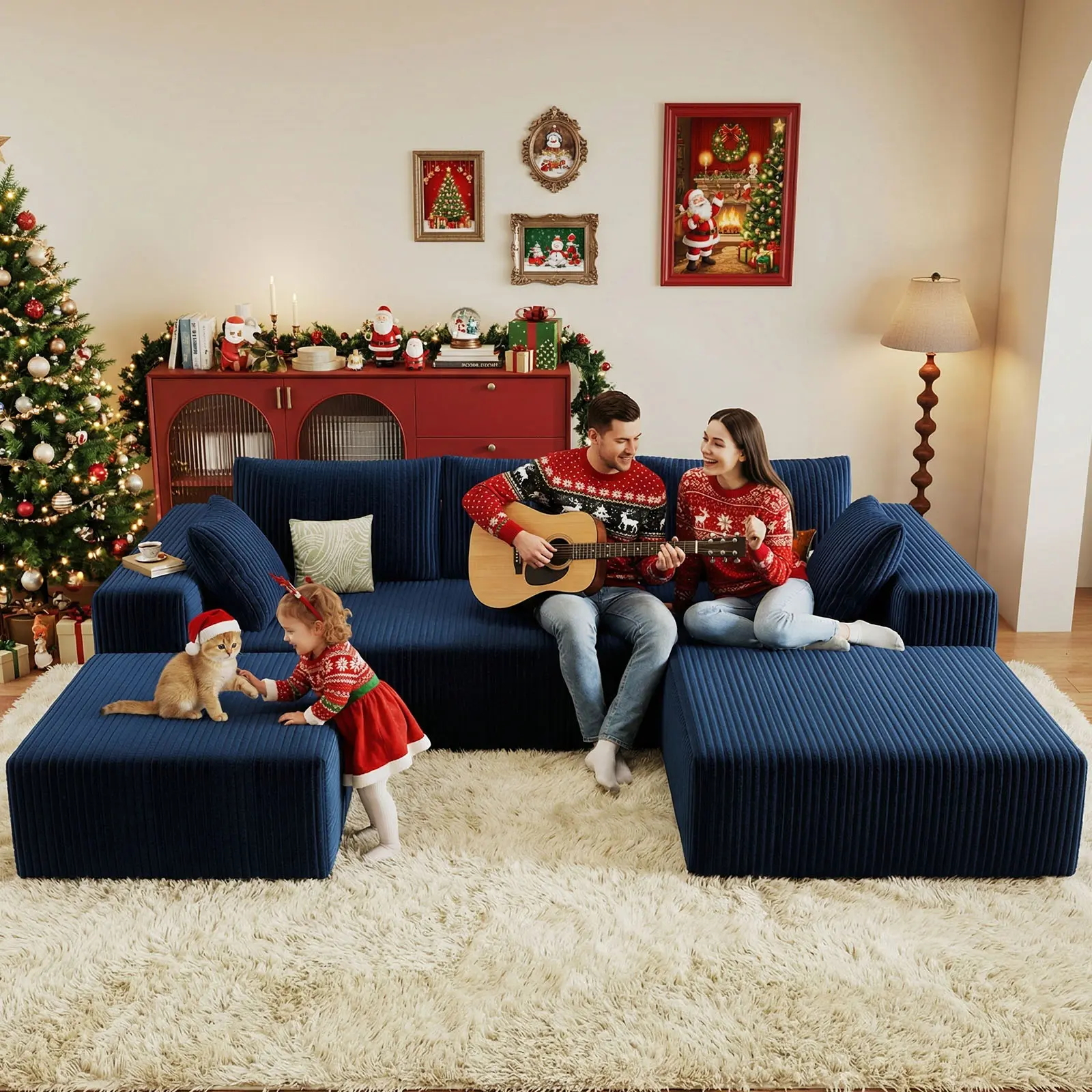 [2 Packages Shipping]KAIA 96" Sectional Cloud Couch with Ottoman for Living Room, Modular L Shaped Sofa with Plush Corduroy, Big Boneless Couches Set with Fluffy Memory Foam, Stupendous U Shaped Sofas with Chaise - No Assembly Required