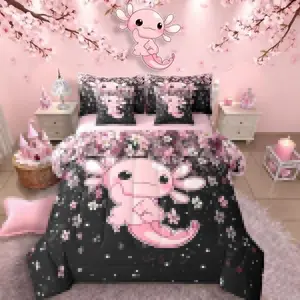 Cute Axolotl 7 Piece Bedding Set,Girl Cartoon Pink Axolotl Bed Bag,Kids Teens Kawaii Salamander Sea Ocean Animal Comforter Bed Set with Sheets