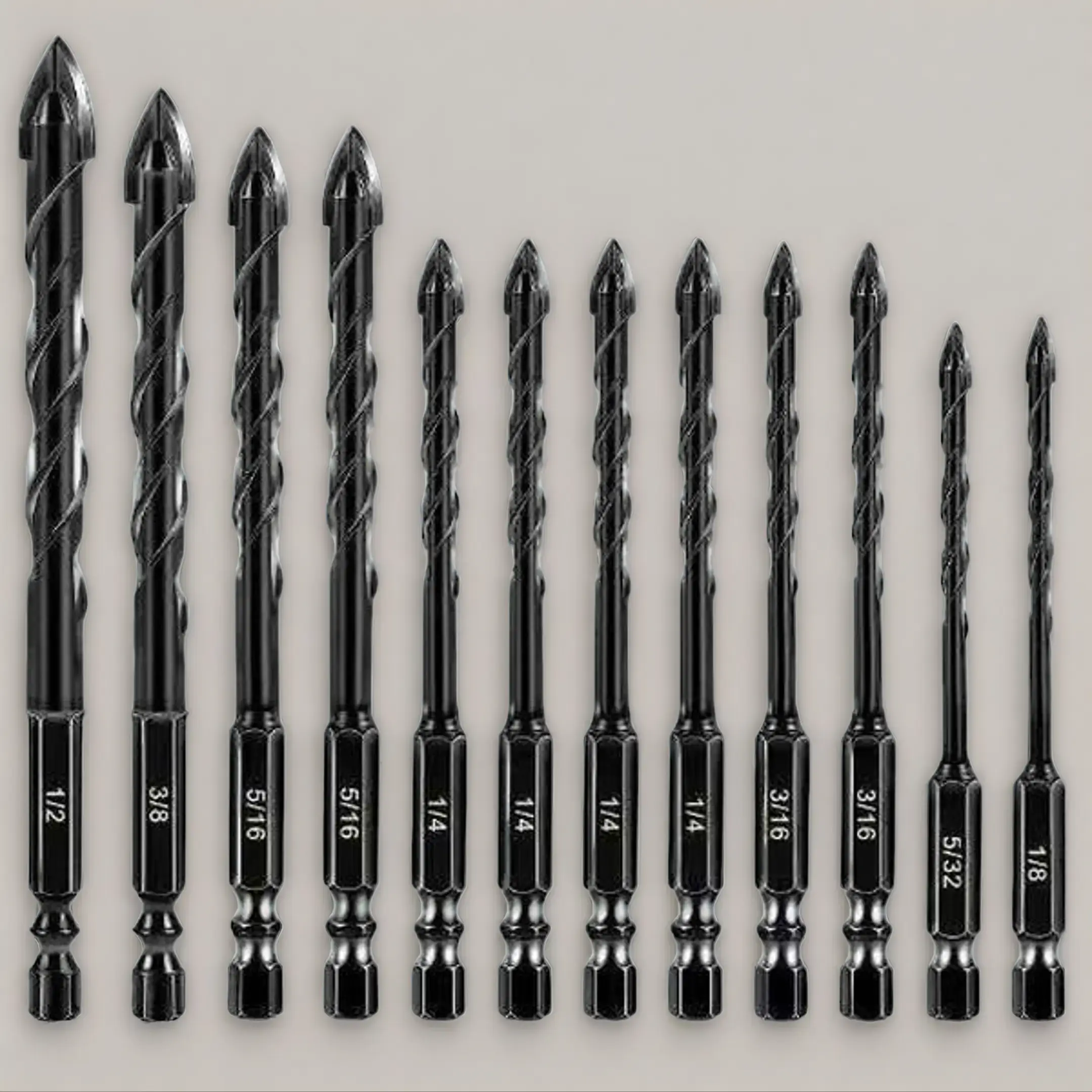 12-PCS Masonry Drill Bit Set, Industrial Carbide Tip Sawtooth Eccentric Design, Hexagonal Handle (7 Sizes: 1/8"-1/2") for Tiles, Ceramics, Drill Bits Sets, Carbide-Tungsten Alloy Tool Kits, Free Work Gloves Gift