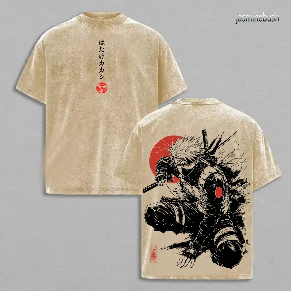 Unisex Kakashi Hatake Naruto Anime Shortsleeve T-Shirt - Vintage Washed Garment with Sharingan Graphic, Oversized Japanese Streetwear, Dark Aesthetic Manga Top, Matching Jeans-Friendly Hem Casual Menswear Top