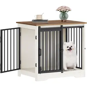 27.2"  Crate Furniture with Barn Door, Heavy Duty  Kennel Indoor with 2 Doors, Wooden Pet Cage End Table for Small Medium Dogs up to 22 lb, Anti- Anti-Escape, White Brown DFC84314B