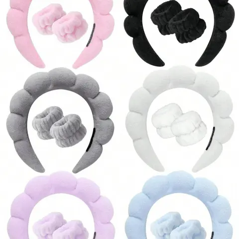 3-Piece Spa Headband and Wristband Set, Soft Velvet Fluffy Puffy Sponge Makeup Headband for Facial Cleansing and Skincare, Headbands Women