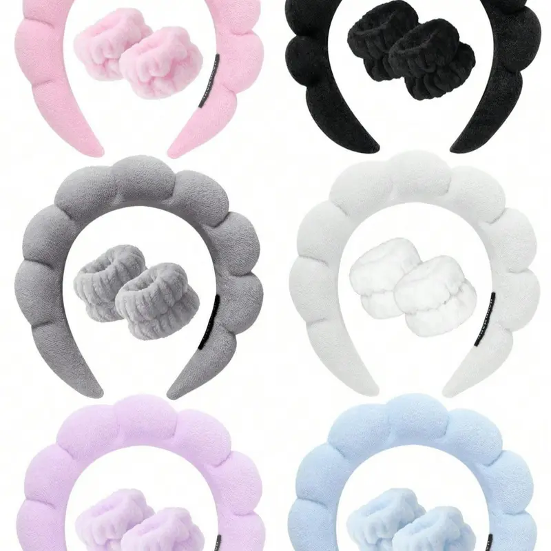 3-Piece Spa Headband and Wristband Set, Soft Velvet Fluffy Puffy Sponge Makeup Headband for Facial Cleansing and Skincare, Headbands Women
