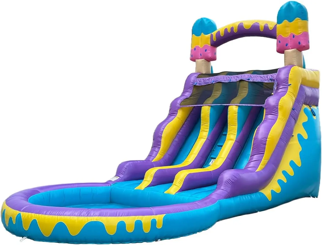 16ft Tall Ice Pop Inflatable Water Slide Dual Lane with Pool- 24ft Long, 100% PVC Vinyl, Commercial Reinforced, Backyard Summer Wet/Dry Fun, Front Entry Easy Supervision, Includes Blower