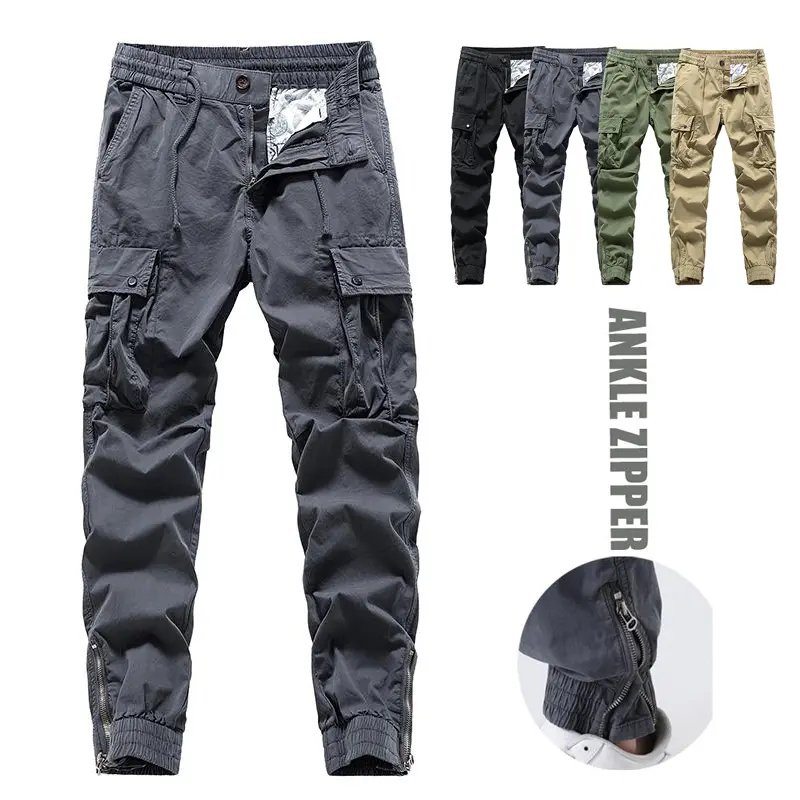 Multi-Pocket Men's Tactical Cargo Pants , Ankle Zipper Joggers with Elastic Waist,  Utility Streetwear Pants