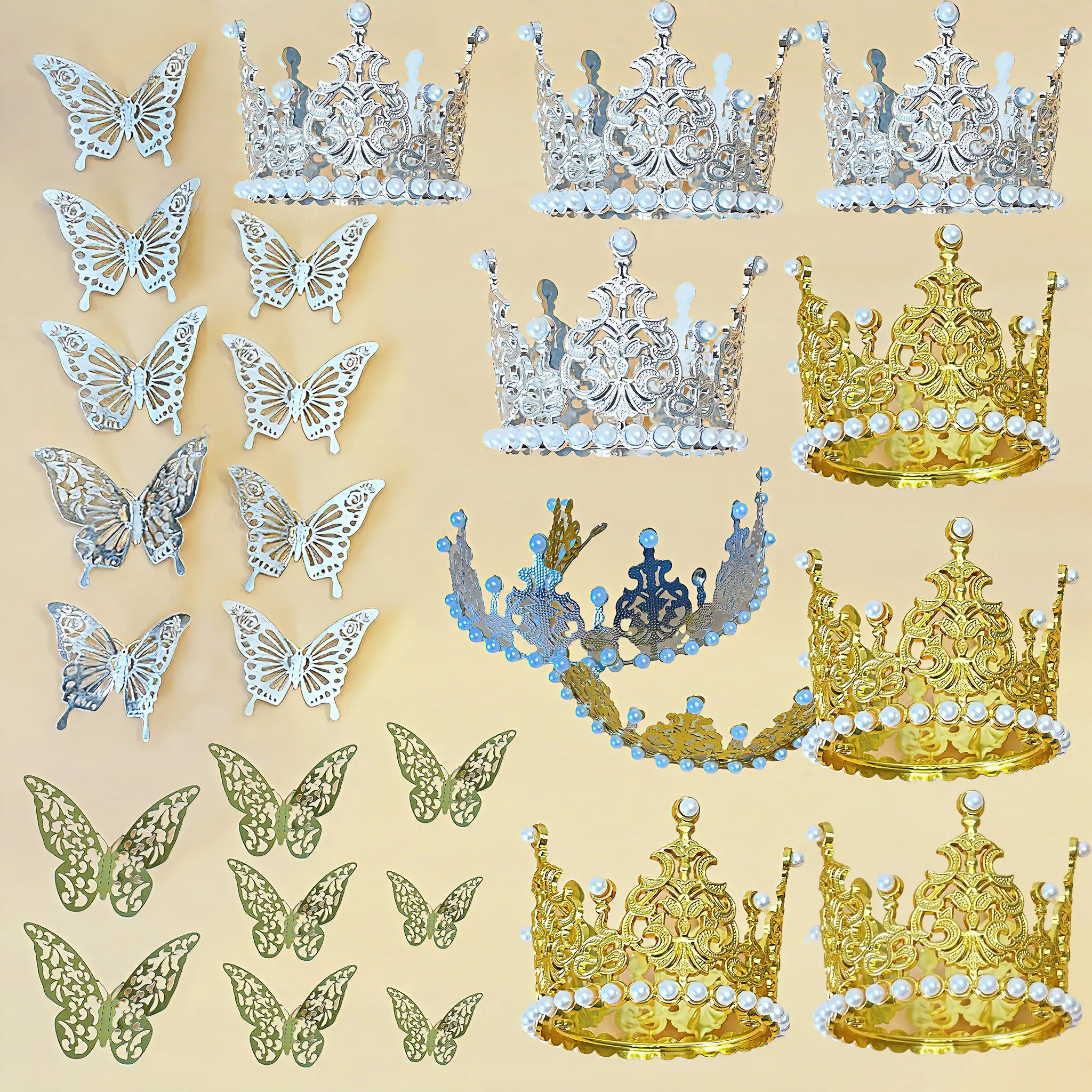 Metallic Finish Artificial Floral Ornaments Complete Kit - 100 Flower Art Pearls, 72 Silver Butterflies, 8 Crowns, 2 Half-Round Crowns, Ribbon Roses - Home Supplies for Decorating, Wedding, Flower Arrangement