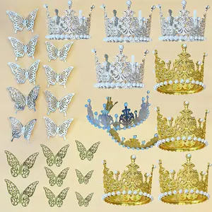 Floral Decoration Set with Gold & Silver Butterflies Crowns Pearls for Ribbon Roses Cake Decorations Birthday Parties Artificial Flowers