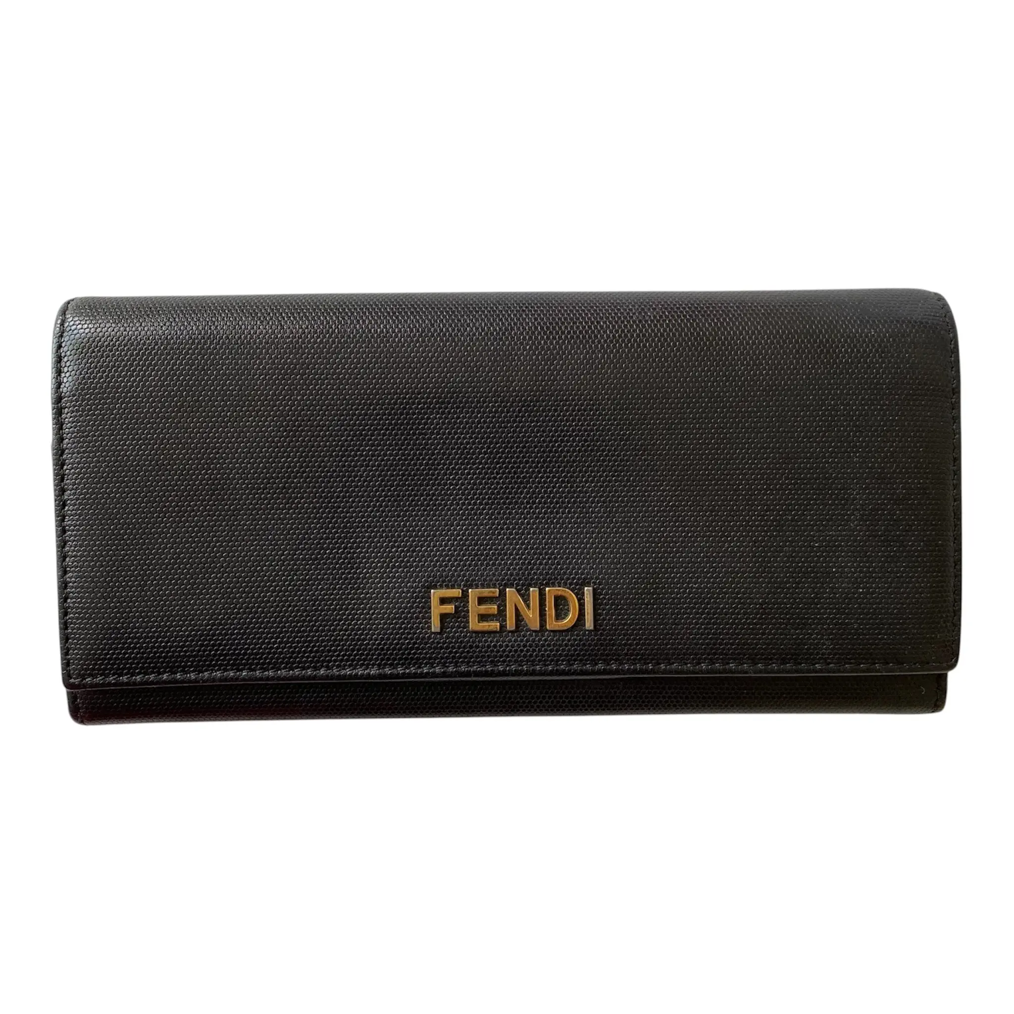 Pre-owned FENDI wallet  Small Leather Goods FINAL SALE NO RETURN NO CANCEL gold logo black Leather long Authentic with COA