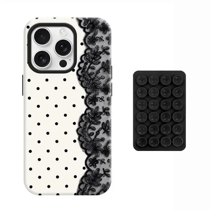 Retro Polka Dot Lace Splicing 2-in-1 Glossy Polycarbonate (PC)+TPU Phone Case - Durable, Hard, Shockproof, Anti-Slip, Scratch-Resistant Casing with Black Suction Cup Mount for iPhone 17 Pro Max,16 Plus,15,14,13,12 Pro Max | Phone Accessories, Smartphone,