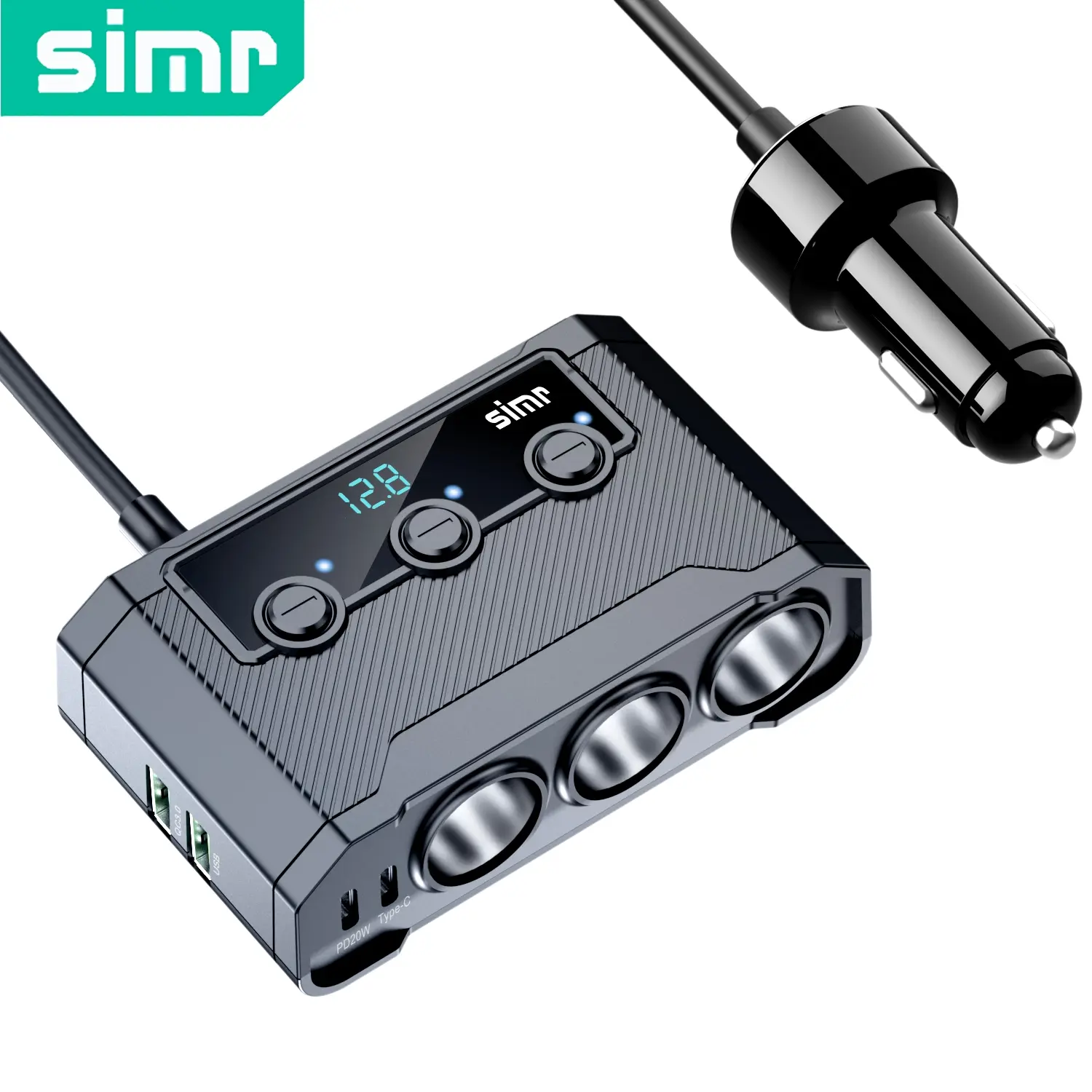 simr Plug Splitter 7 In 1 Universal Car Adapter 3 Socket Power 12V/24V Type-C PD20W QC3.0 QC Fast Charging 2 USB Charging Ports (3.3ft Cable) Independent Switches LED Voltage Display DC Outlet, In Car Charger Universal Charging Solution