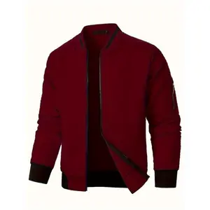 Men's Casual Plaid Bomber Jacket - 100% Polyester Full-Zip Stand Collar Sweatshirt with Long Sleeves and Slight Stretch Fabric