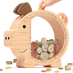 Wooden Piggy Bank for Kids, Cute Money Bank for Boys and Girls, Unbreakable Wood Coin Bank, Creative Saving Money Jar Personalized Present for Child Birthday Christmas & Decor