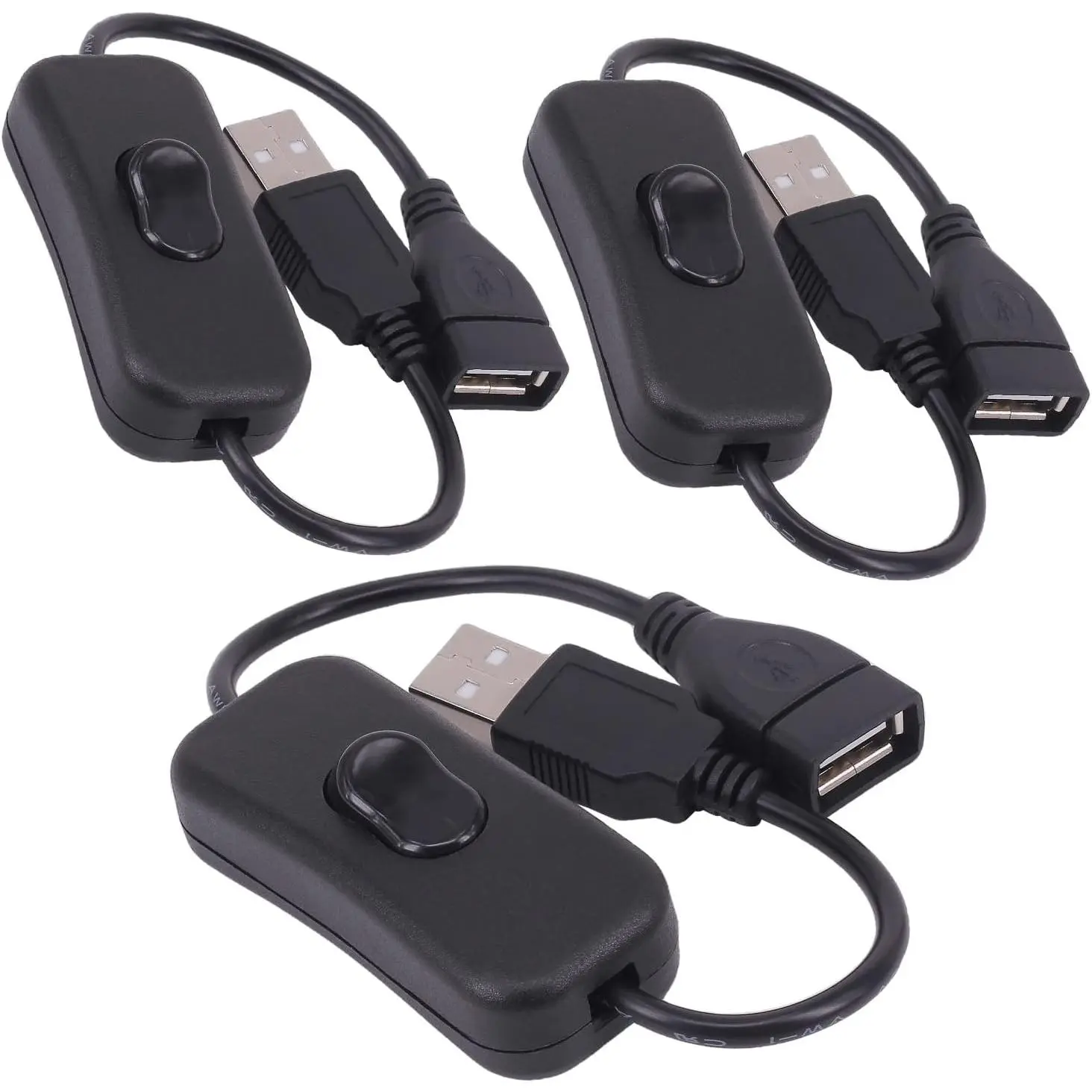 USB Cable with Switch, 3-Pack USB Male to Female Extension Cord Inline Rocker On/Off Switch for Driving Recorder, LED Desk Lamp, USB Fan, LED Strip (3 Pack Black)