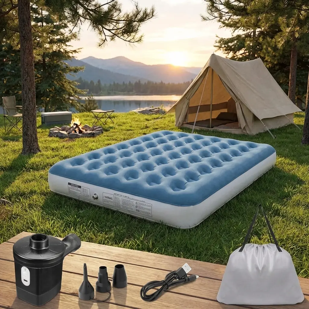 Chillsun Twin Size 8.5in Thick Airbed Mattress - 0.4mm Flocked PVC Inflatable Foldable Mattress with USB Hand Pump, Honeycomb Air Support, Storage Bag, Portable Bed Solutions for Camping & Indoor Guest Use, Airbed Mattresses