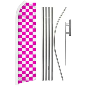 Pink & White Checkered Large Banner - 11.5x2.5 ft Complete Steel-Aluminium Flag & Pole Kit, Plaid Festive Party Backdrop for Home Supplies