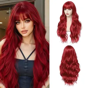 Red Wig with Bangs Long Wavy Curly Synthetic Heat-Resistant Wig for Women Natural-Looking for Daily Wear Cosplay and Halloween Party 26-Inch