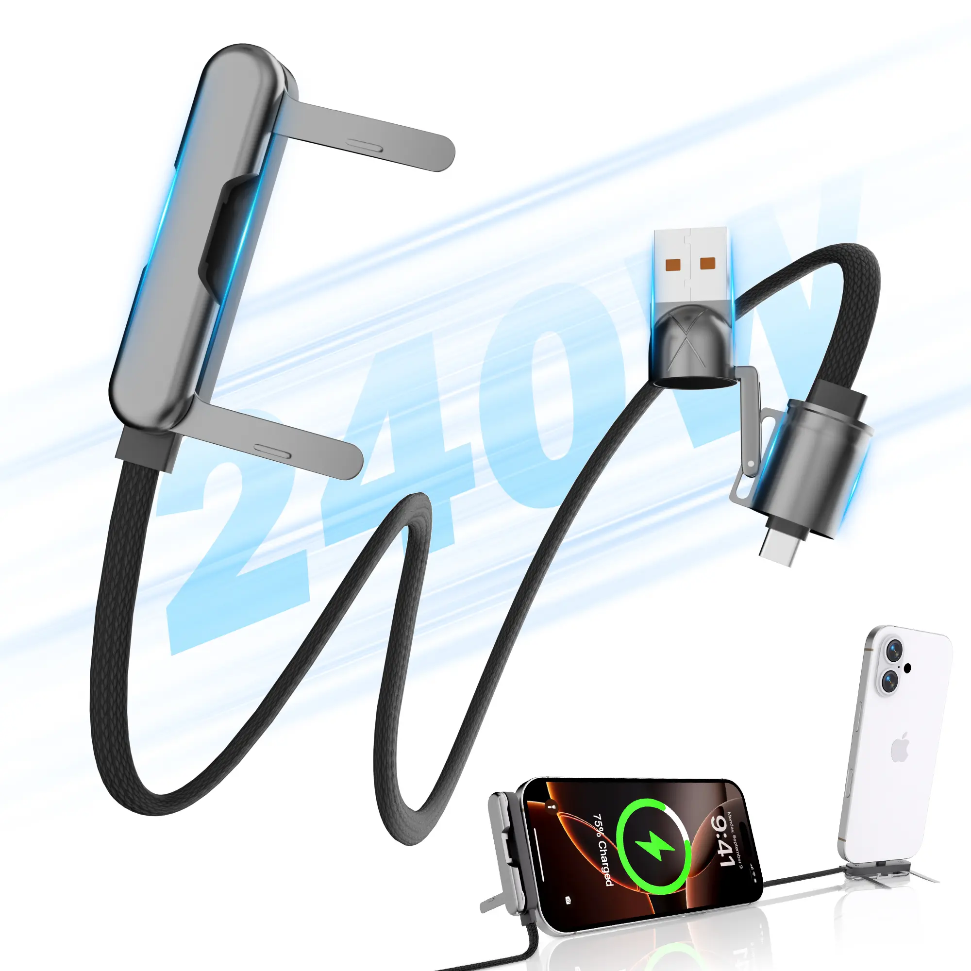 Finekeep 240W High-Power Ultra-Fast 3-in-1 Dual Charging Cable with Rotating Stand, 480Mbps High-Speed Data Transfer, 350° Angle Adjust Invisible Holder, Zinc Alloy Build, Compatible with USB-A/Type-C, iPhone, Smartphone, Devices, Portable Charger