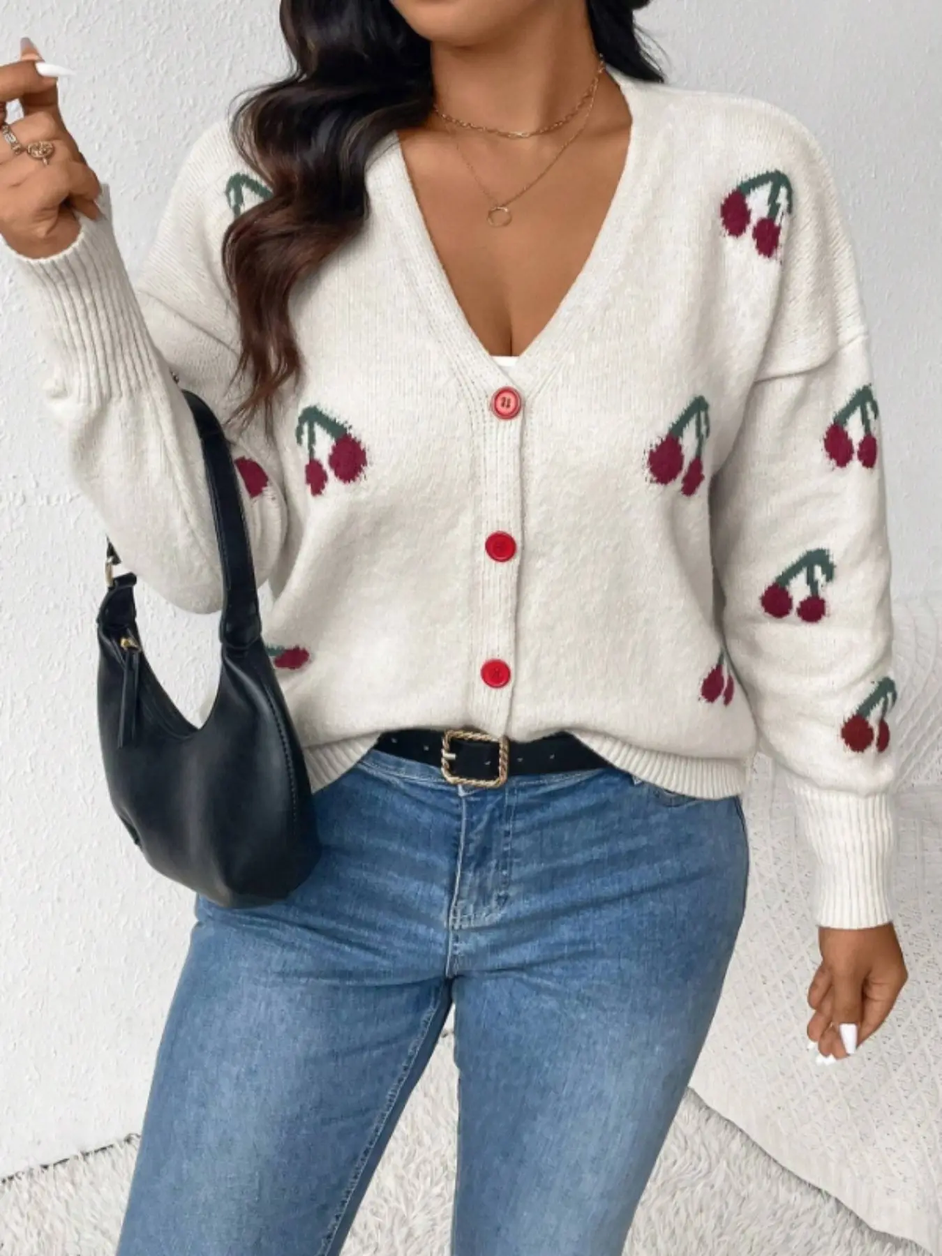 Plus Size Women's V Neck Long Sleeve Floral Cherry Blossom Pattern Loose Knit Cardigan, Casual Button Front Knitwear Sweater for Spring & Fall Tops