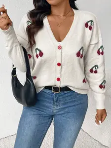 Plus Size Women's V Neck Cherry Blossom Pattern Loose Knit Cardigan, Casual Button Front Sweater for Spring & Fall Knitwear Womenswear